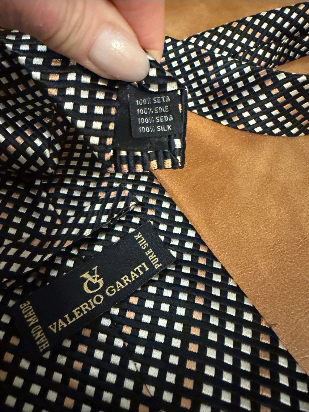 👔Valerio Garati Pure Silk Handmade Tie in Black, Cream & Tan Grid Pattern - Picture 8 of 10